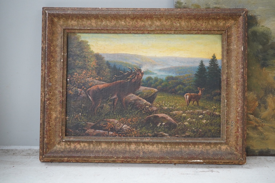 G Walt?, oil on board, ‘Shakkin Briggie’, Autumn 1944, signed and inscribed verso, together with a small oil on board, Study of deer in a landscape, largest 20 x 25cm, unframed. Condition - fair